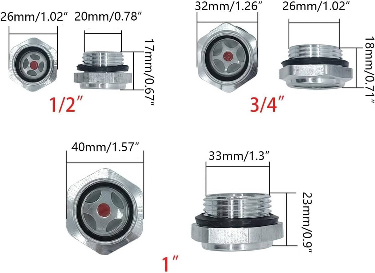 Air compressor oil sight glass gauge dimensions: 1/2 in and 3/4 in fittings, red indicator