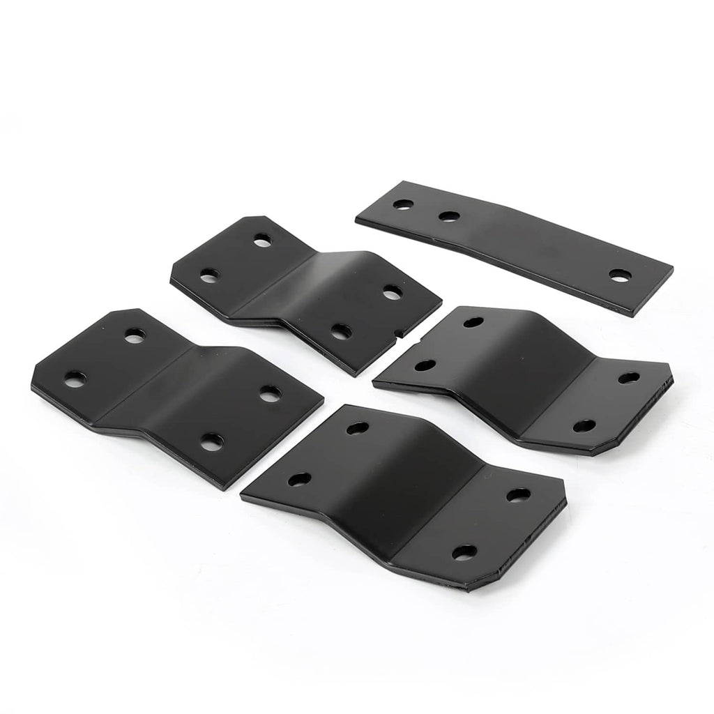 Five black lift plates/brackets with multiple mounting holes and beveled corners