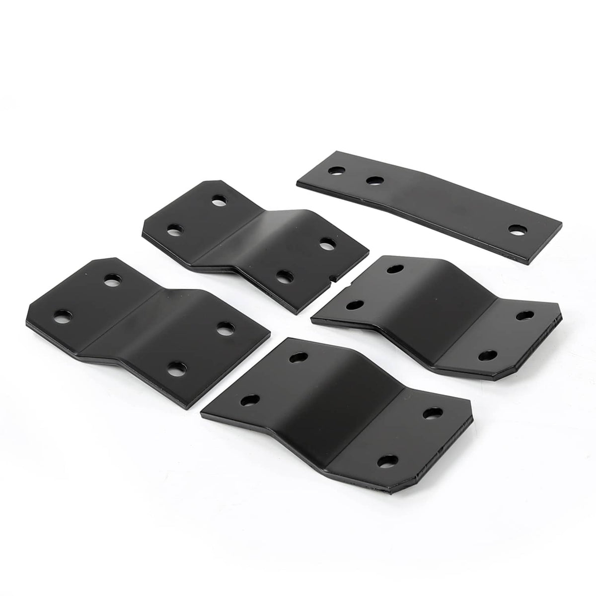 Five black lift plates/brackets with multiple mounting holes and beveled corners