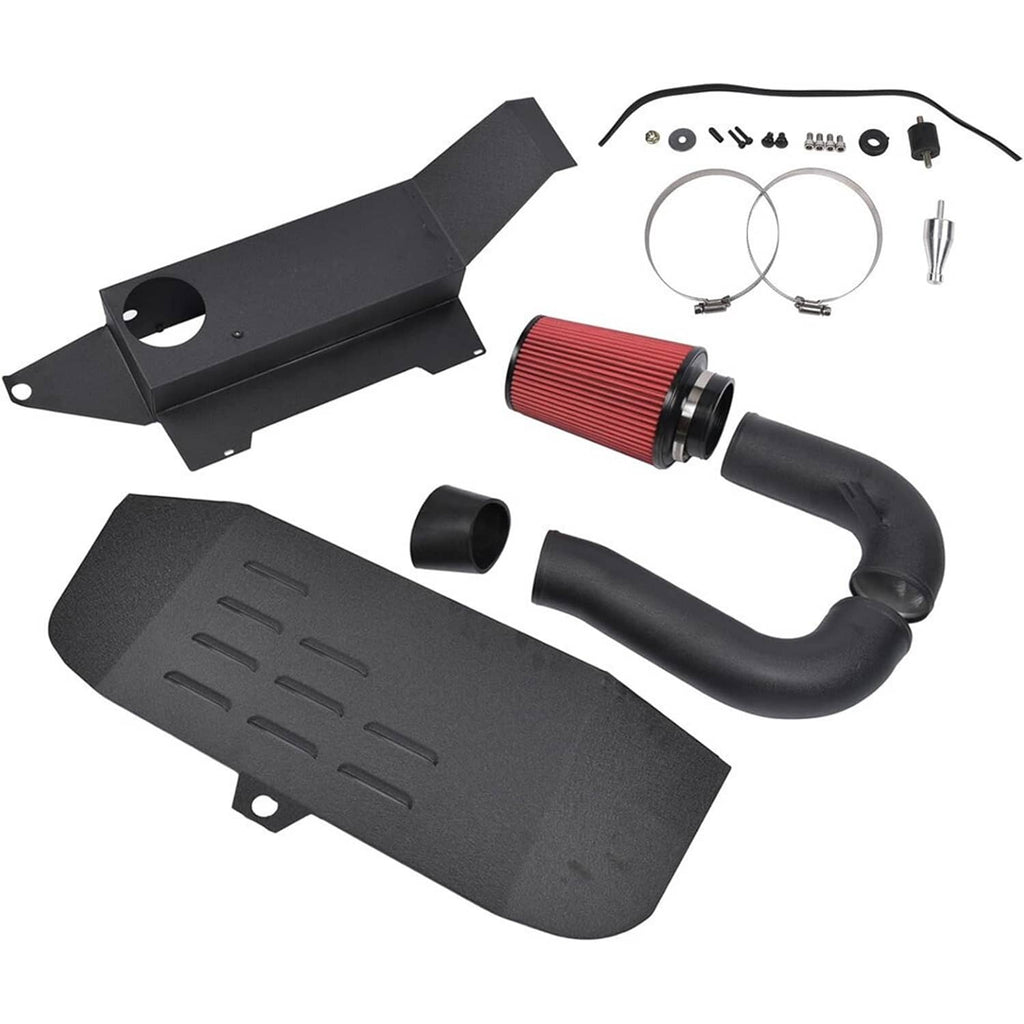 Black intake parts kit with red air filter, silicone hoses, and hardware