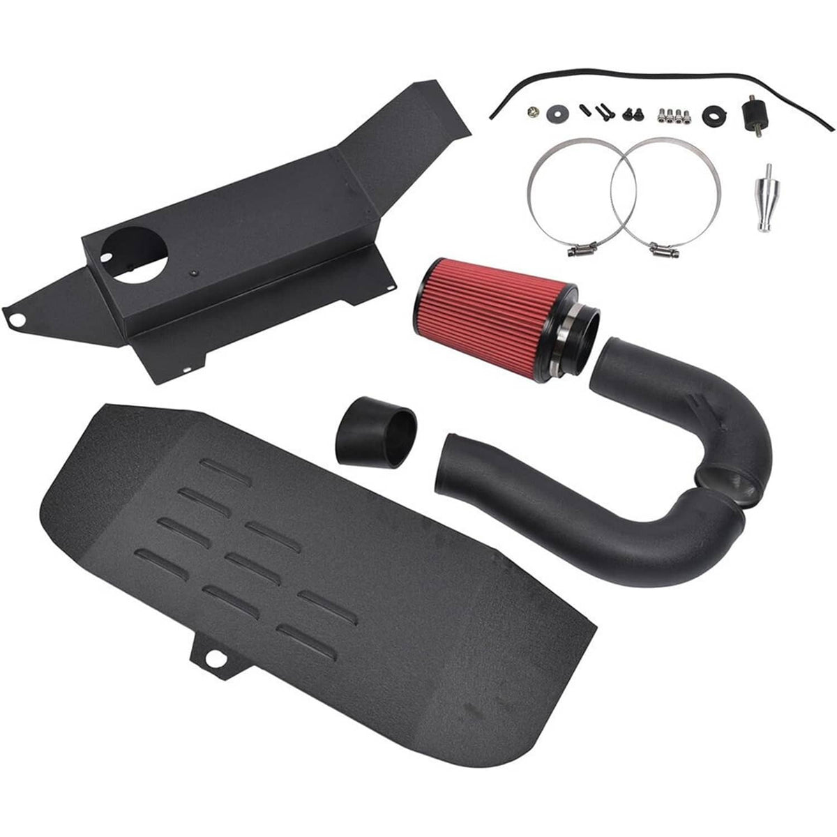 Black intake parts kit with red air filter, silicone hoses, and hardware