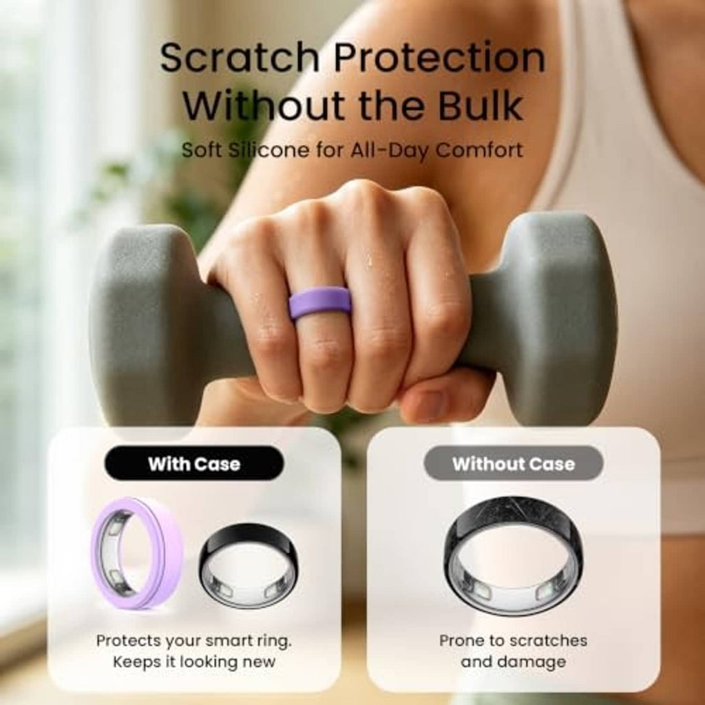 Purple silicone ring cover on a finger, showing scratch protection without added bulk