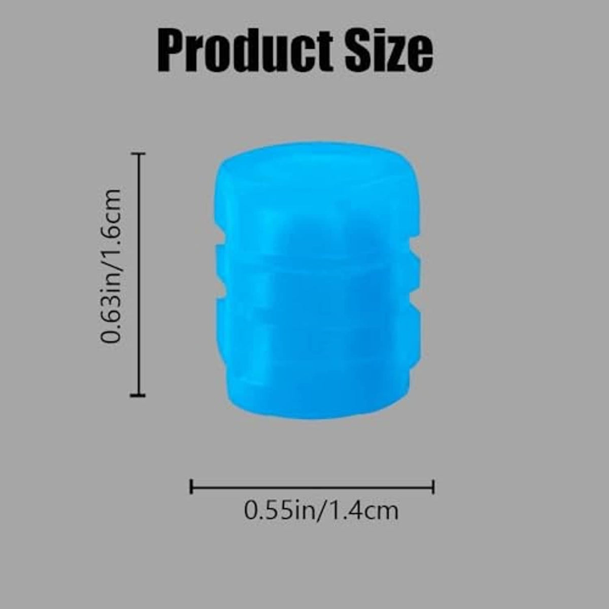 Blue tire valve cap, close-up product size with measurements shown