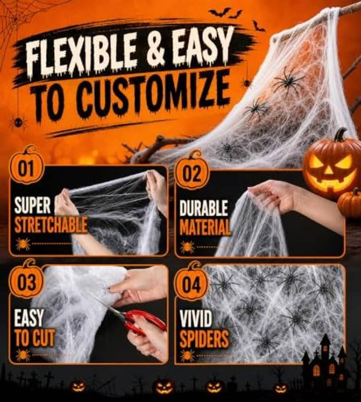 Spider webbing roll with stretched strands and orange jack-o-lantern decorations