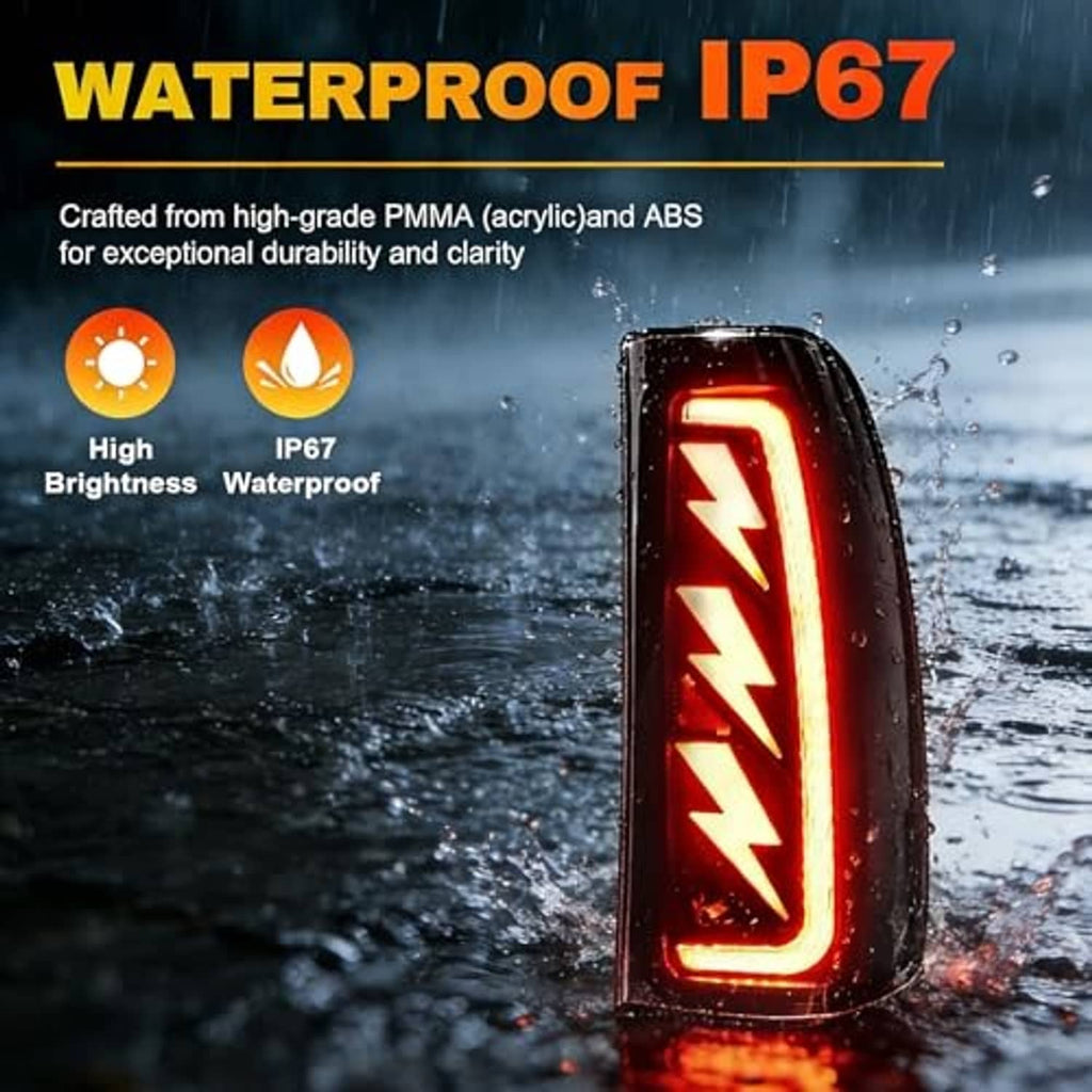 Waterproof LED tail light with red sequential light bar glowing under raindrops