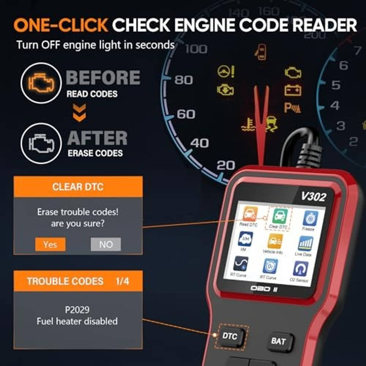 Red OBD2 code reader with V302 display, DTC/BAT buttons, and OBD cable
