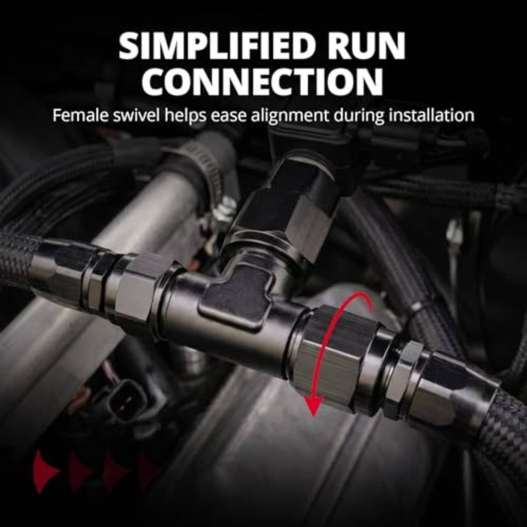 Black swivel-to-flare AN10 fitting adapter on a braided hose line