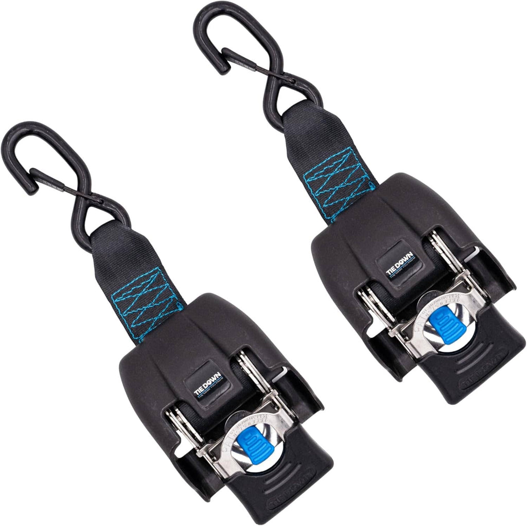 Retractable boat transom strap set with black webbing and S-hook clips, blue release latches