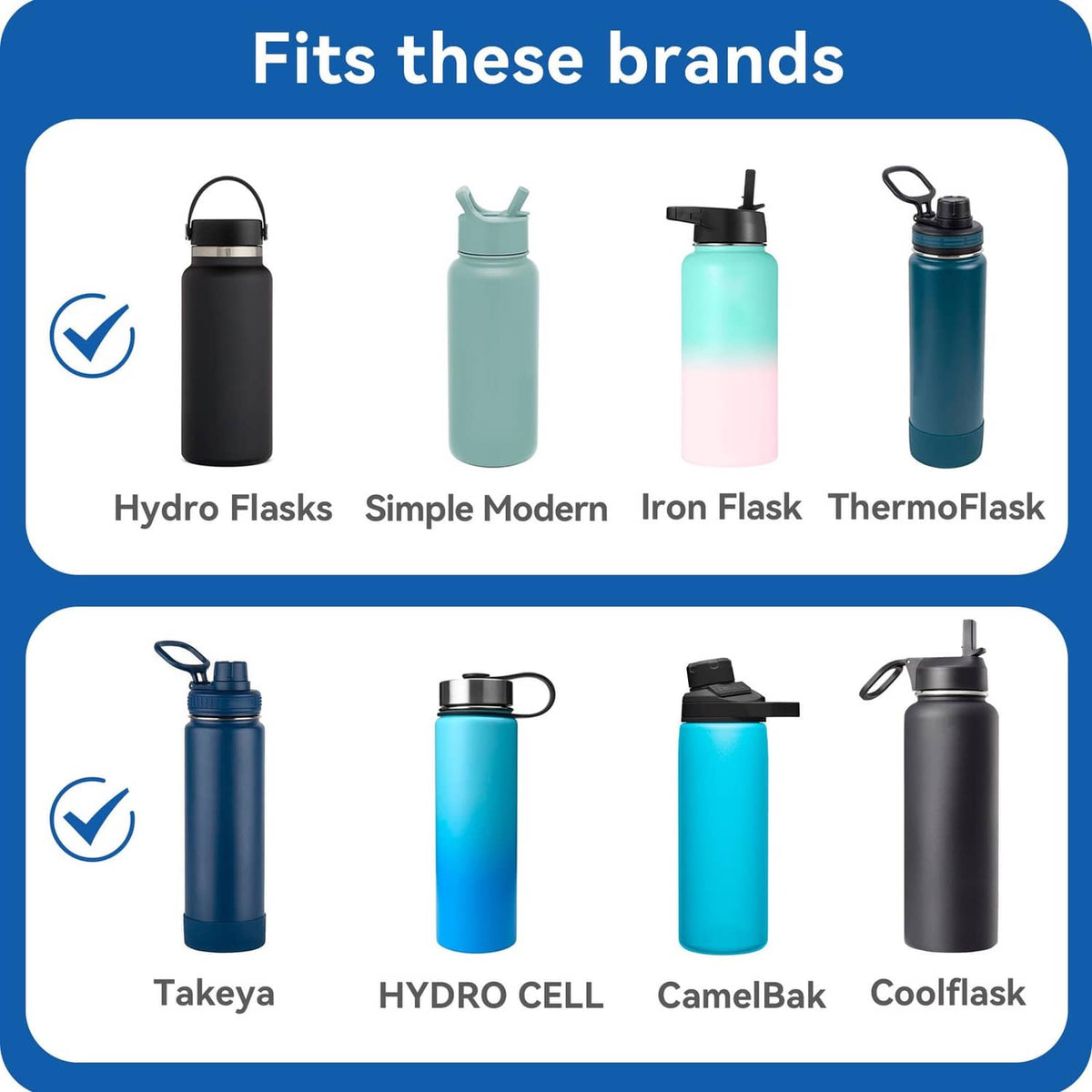 Black flip-top lids shown fitting various stainless bottle styles