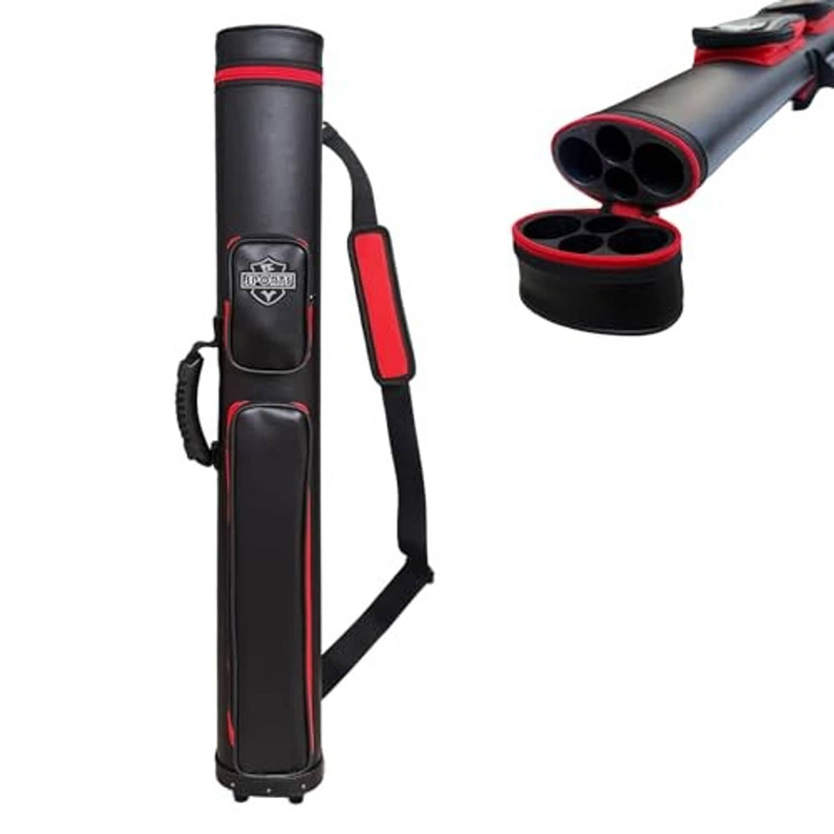 Black oval cue case with red-lined end cap and matching red trim