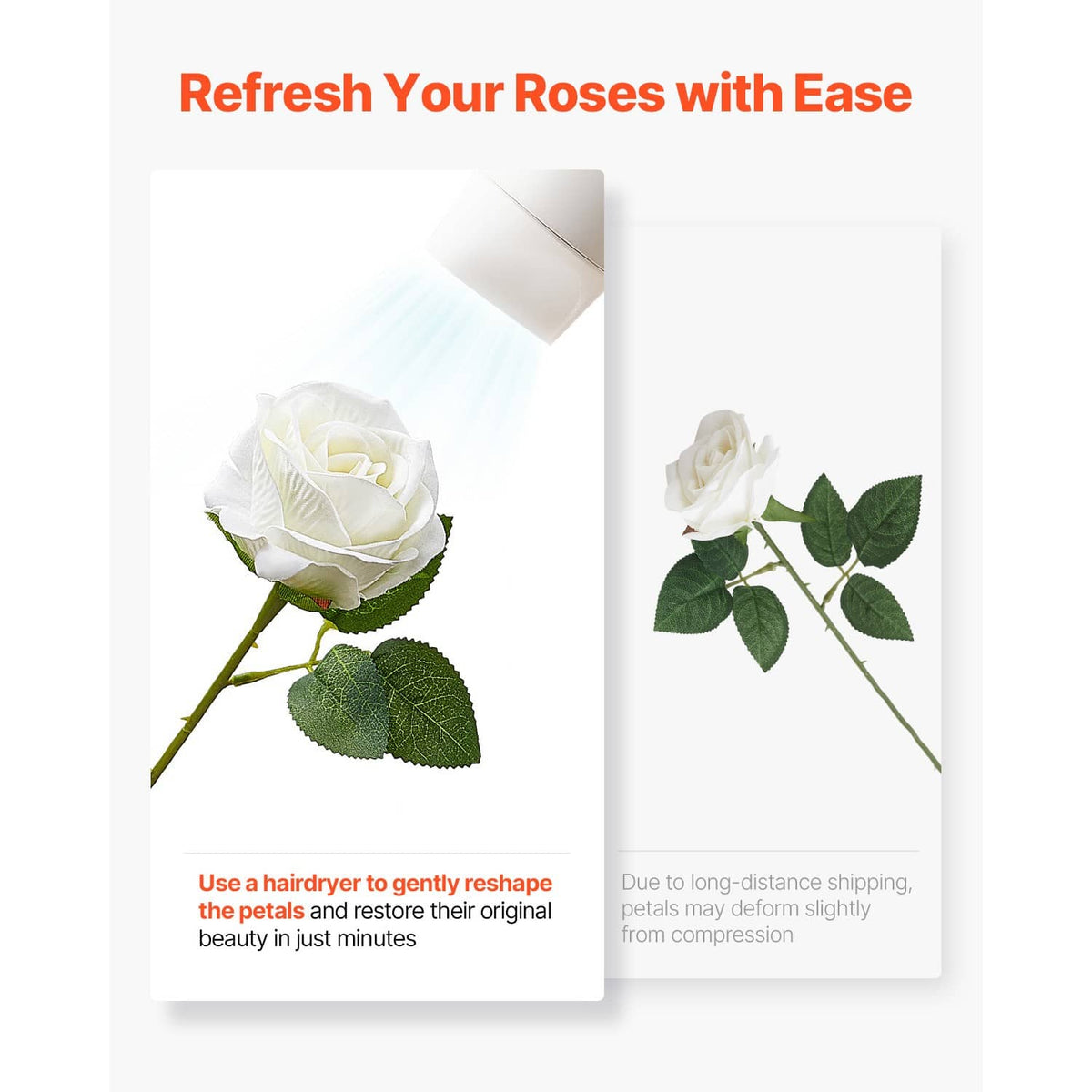 White artificial rose on a green stem with textured petals and leaves