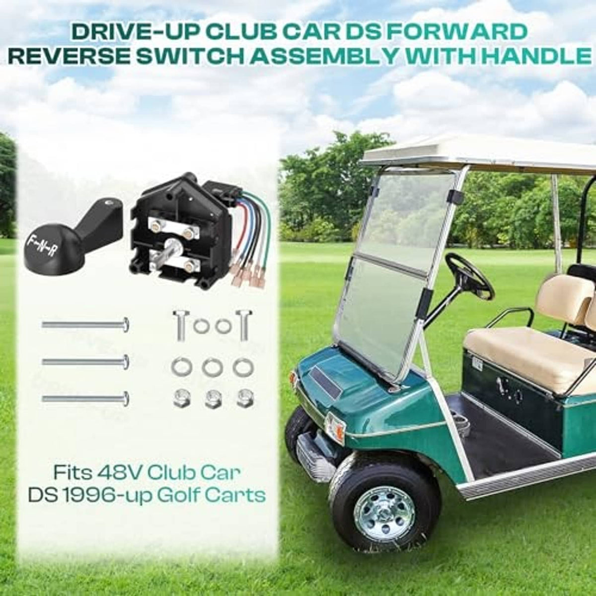Forward-reverse switch kit with black handle and F-N-R knob mounted on golf cart