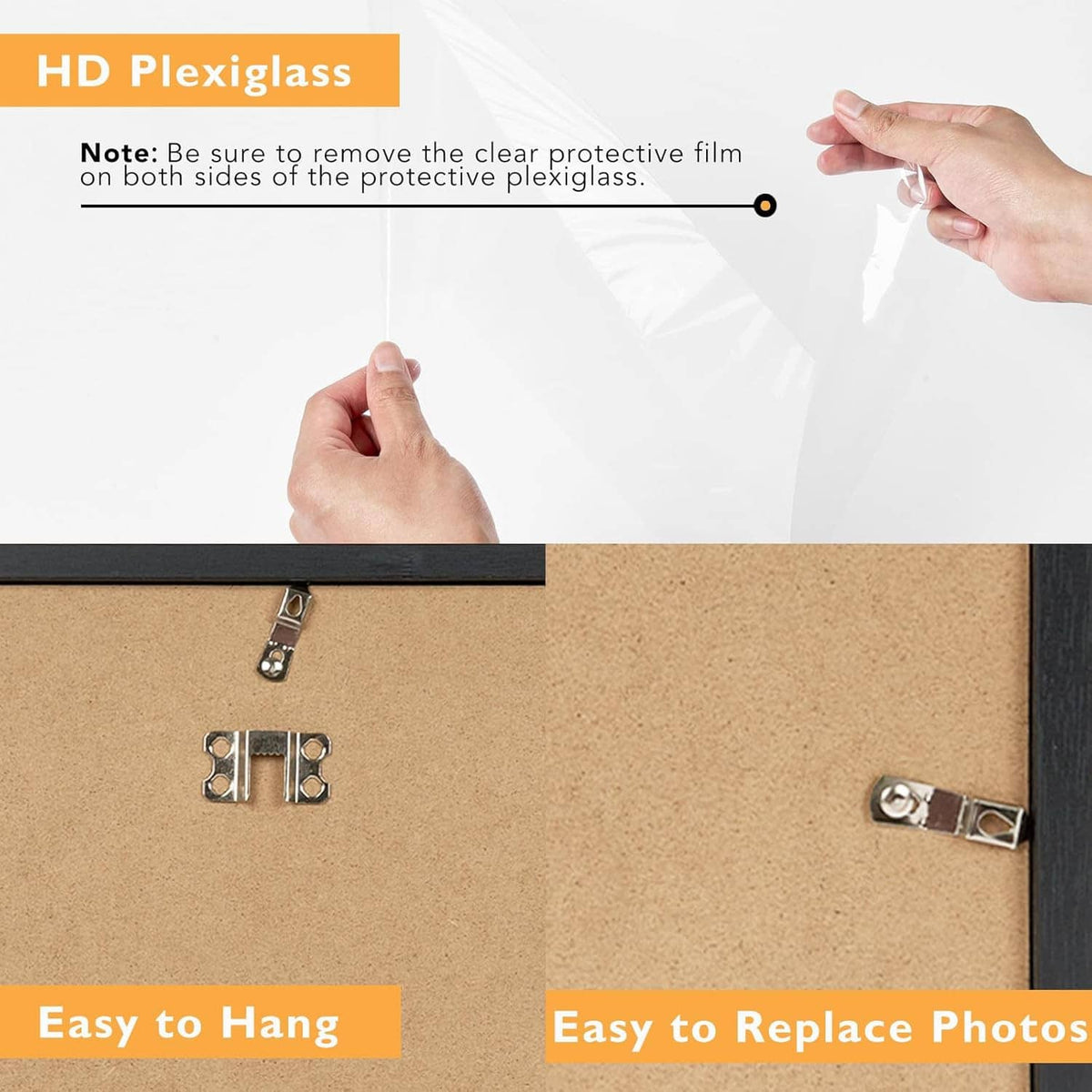 Black 10x15 picture frame back view with hanging mounts and hands removing protective film.