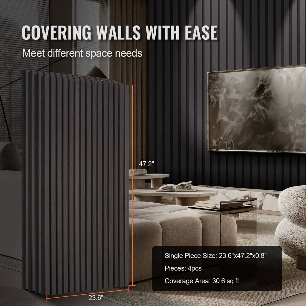 Black wood slat acoustic panels for wall covering, featuring vertical ribbed design