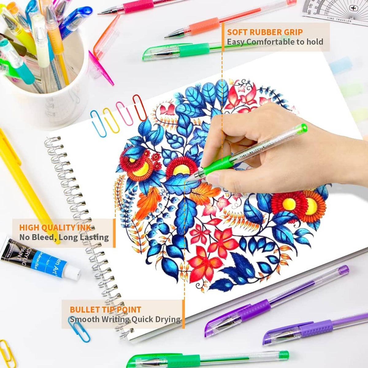 Gel pen set with soft grip tips, used for detailed coloring on an illustrated card