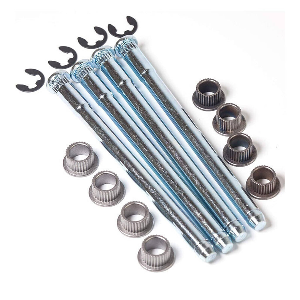 Door hinge pin bushing repair kit with steel pins, bushings, and retaining clips