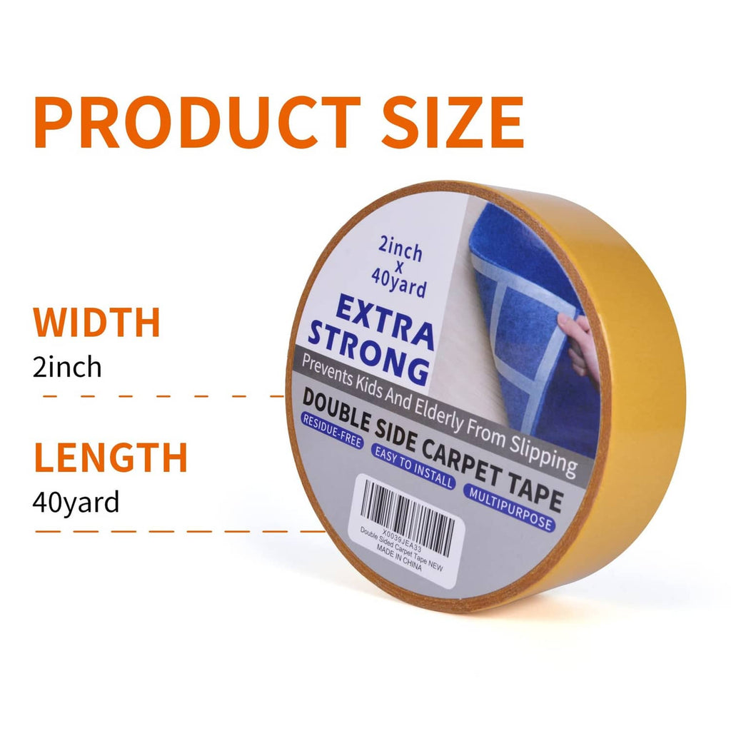 Yellow double-sided carpet tape roll showing 2-inch width and 40-yard length