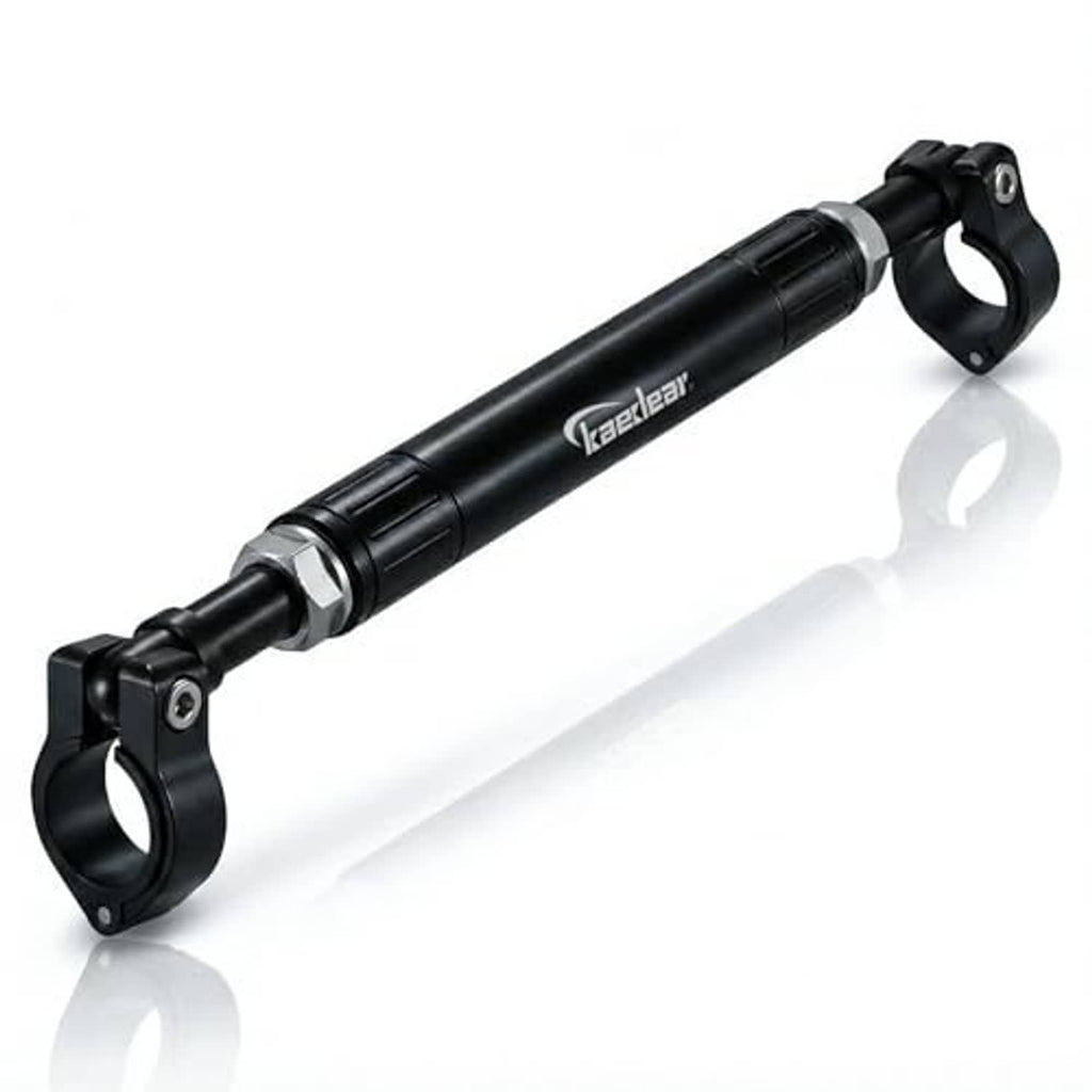 Black brace bar with silver center insert and two handlebar clamp mounts.