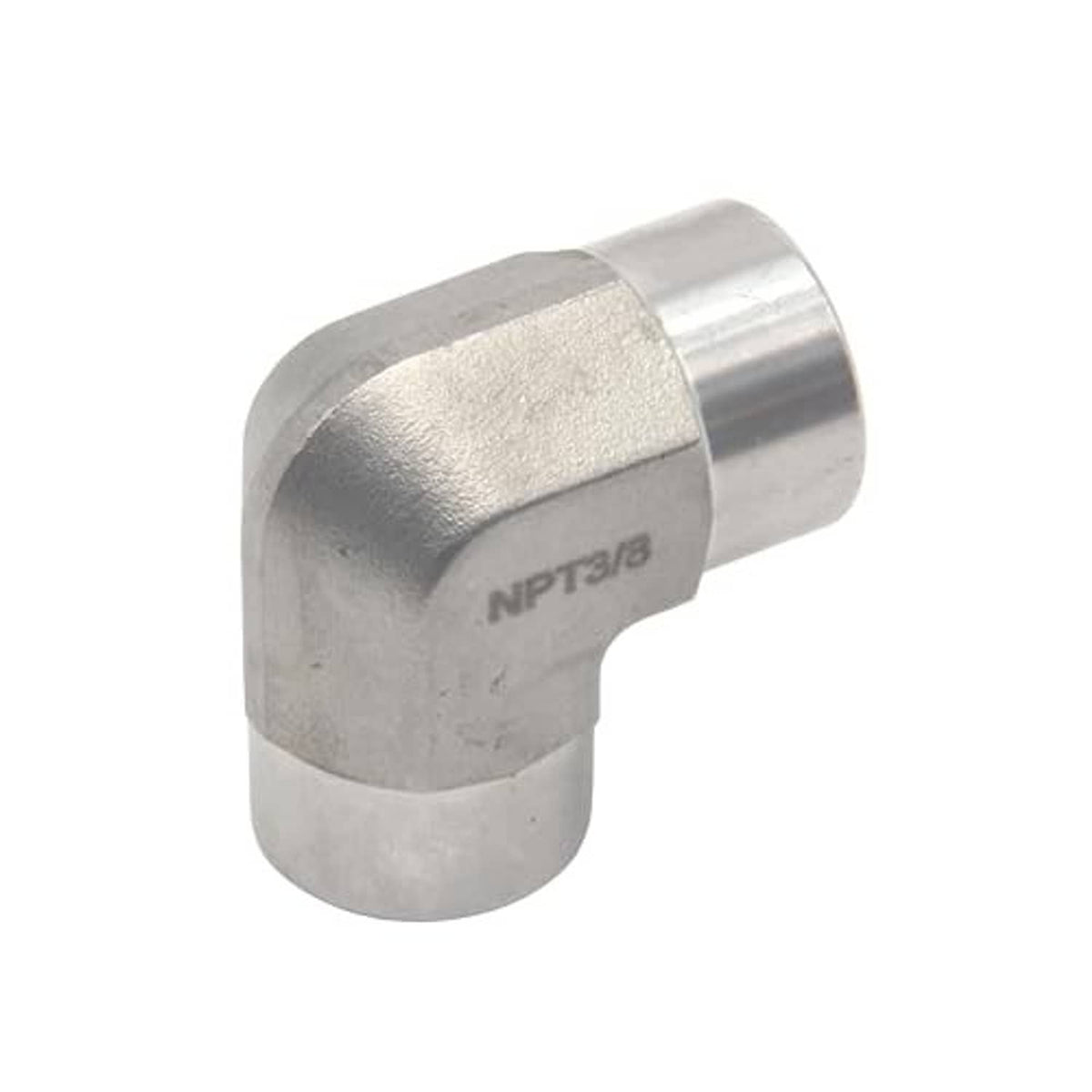 Stainless steel 90-degree elbow fitting with one NPT threaded end and curved inlet