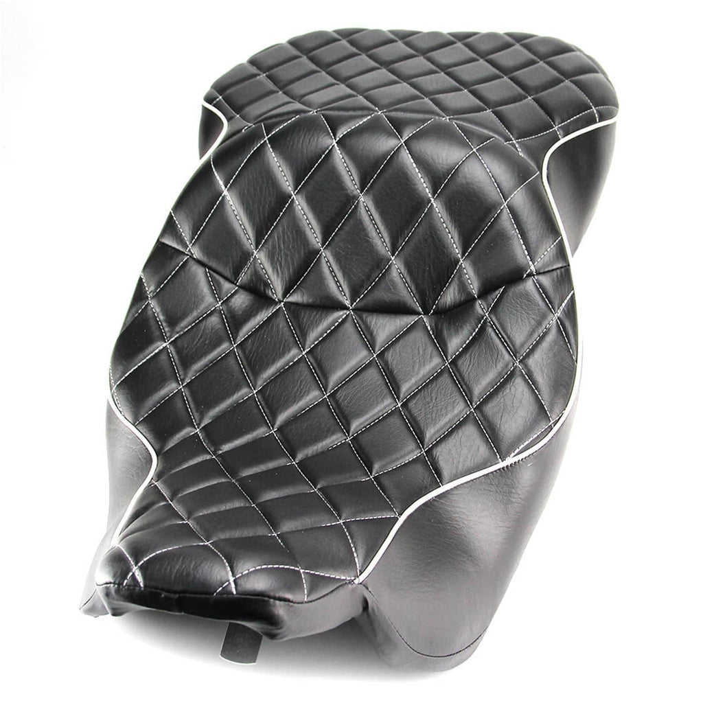Black motorcycle seat back with diamond quilt stitching and silver piping border