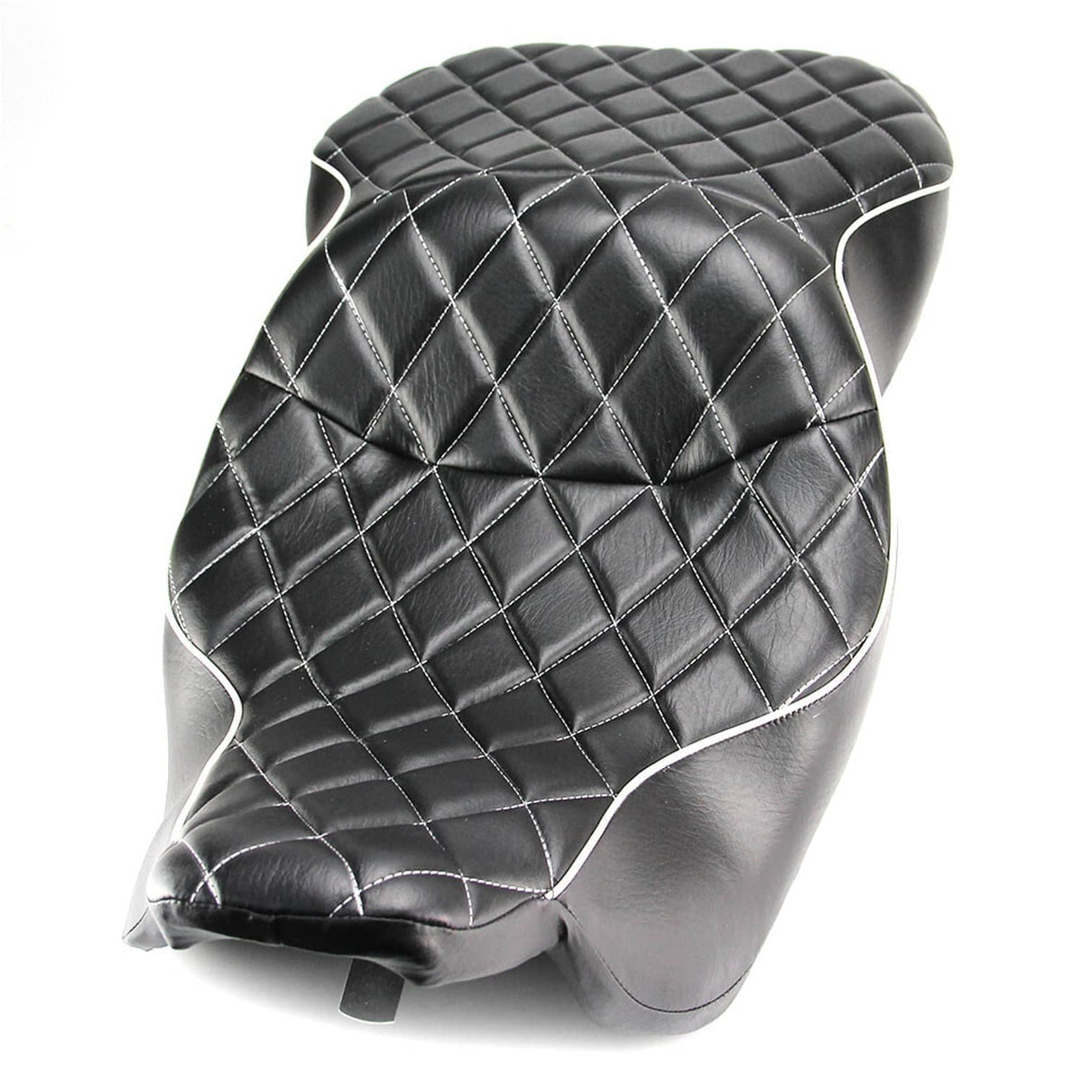 Black motorcycle seat back with diamond quilt stitching and silver piping border