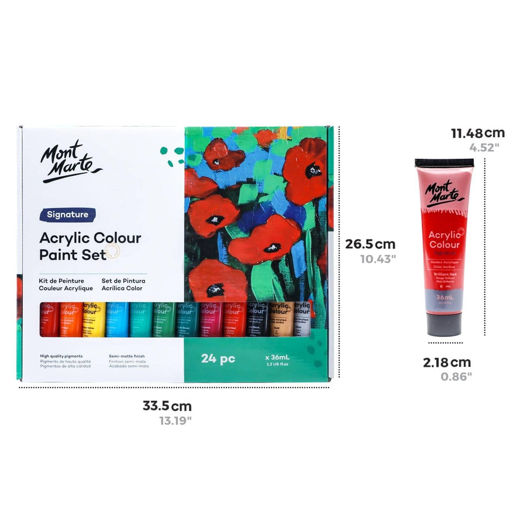 Acrylic paint set box with size measurements and a single 36 mL paint tube
