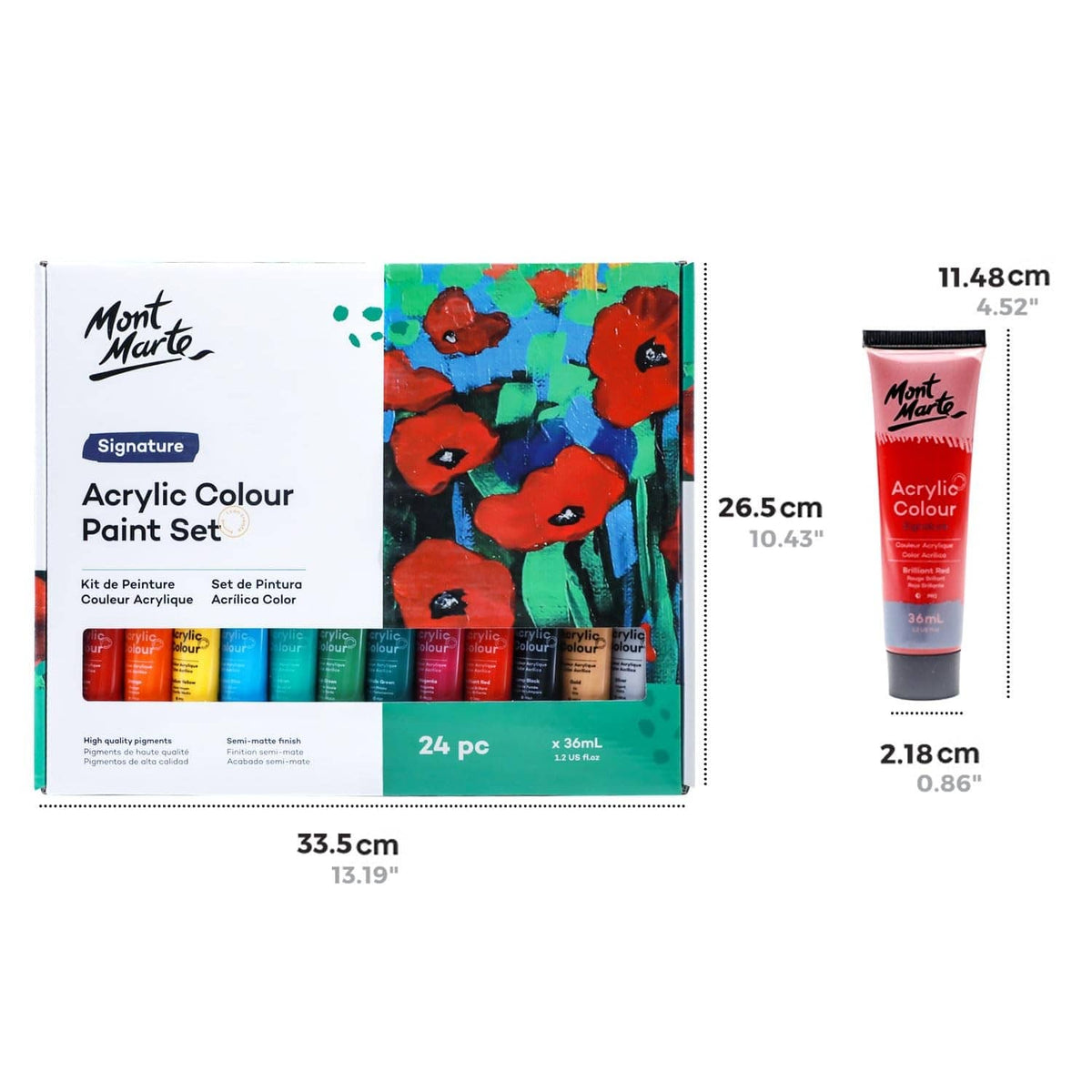 Acrylic paint set box with size measurements and a single 36 mL paint tube