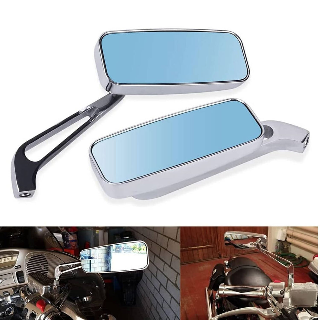 Pair of chrome motorcycle rearview mirrors with blue-tinted rectangular glass