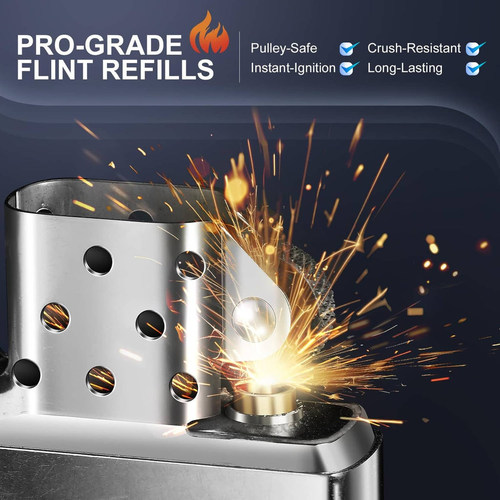 Metal flint igniting with sparks from lighter refill chamber