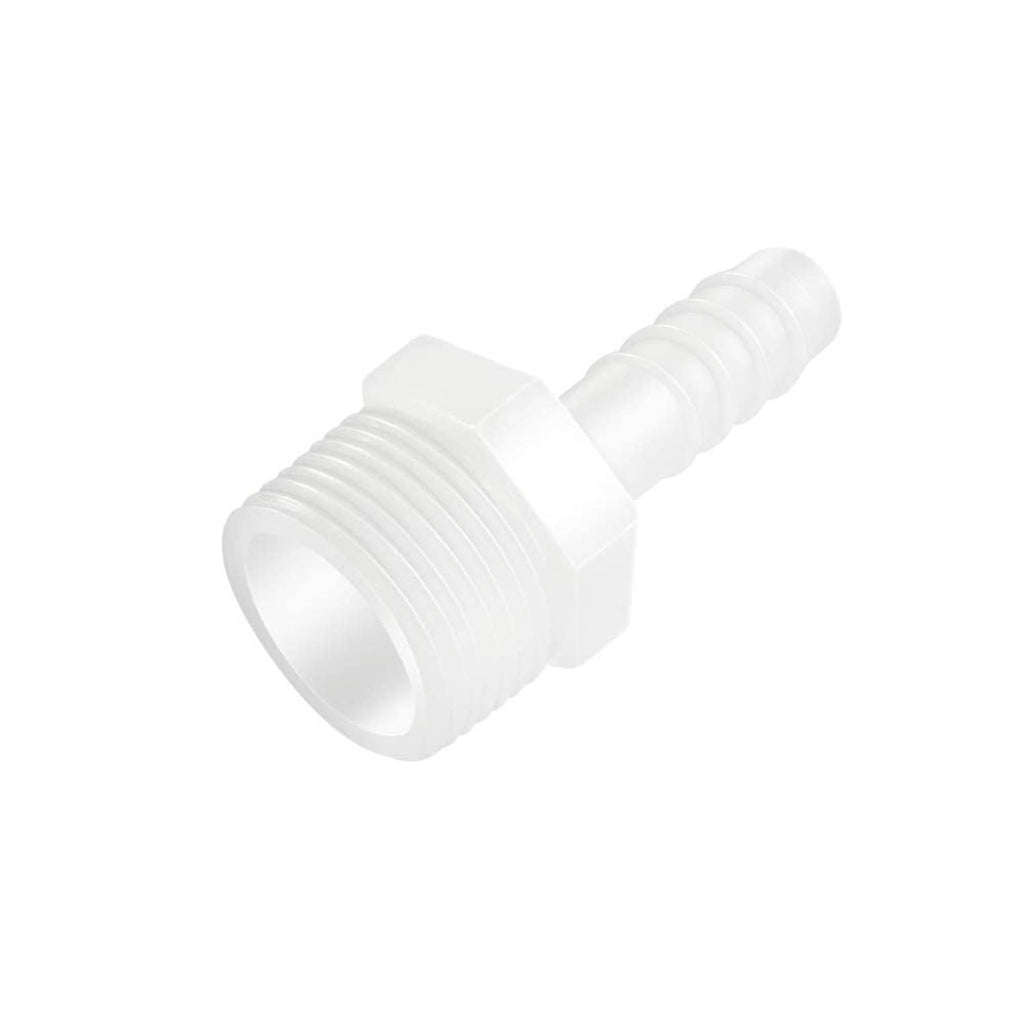 White plastic hose barb fitting with male thread, angled view