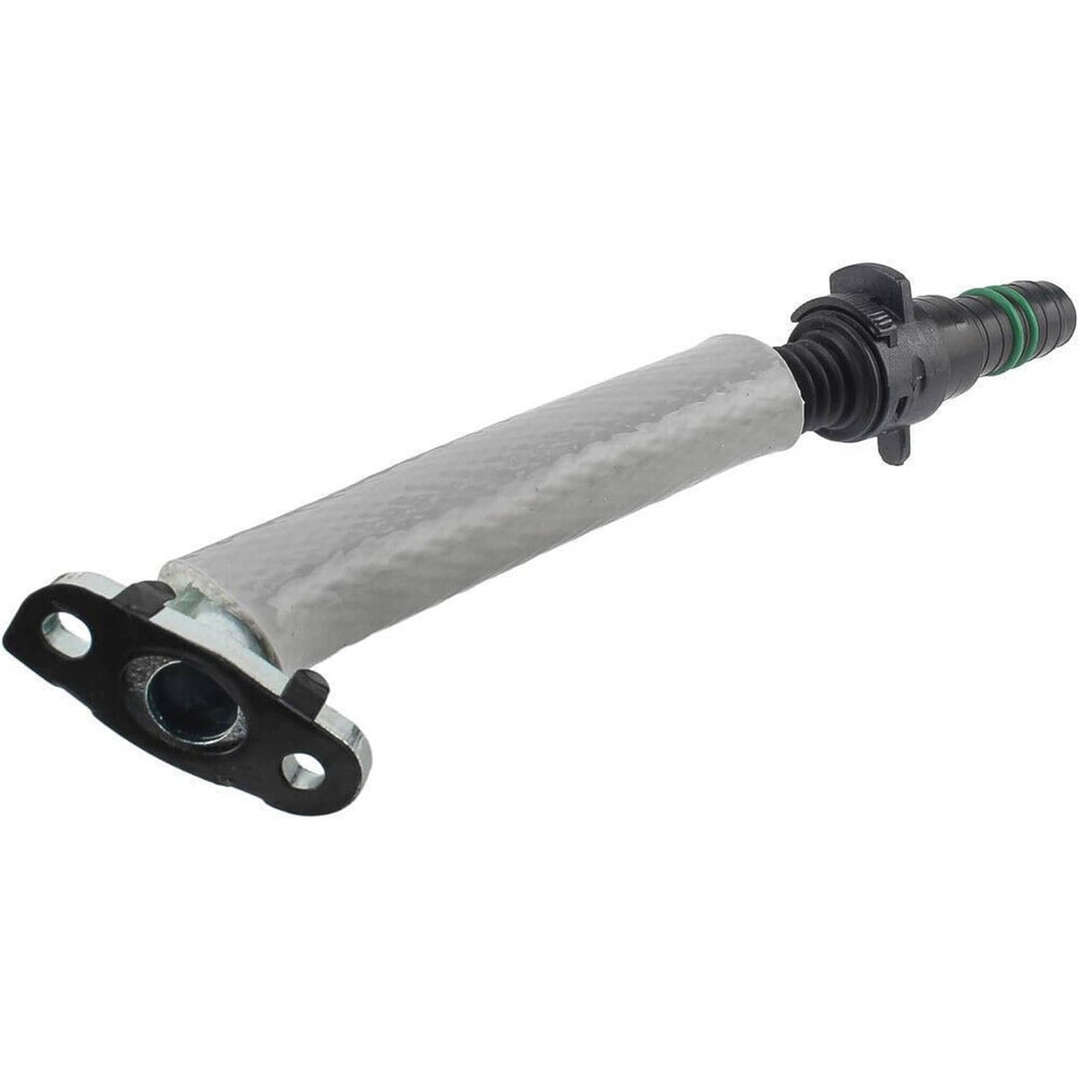 Turbo coolant return hose line with gray sleeve, black coupler, and mounting bracket