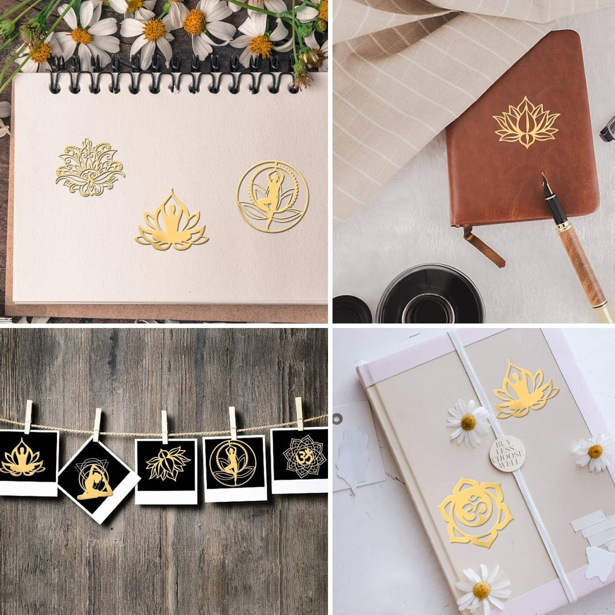 Gold lotus, Om, and mandala stickers on stationery and notebook covers