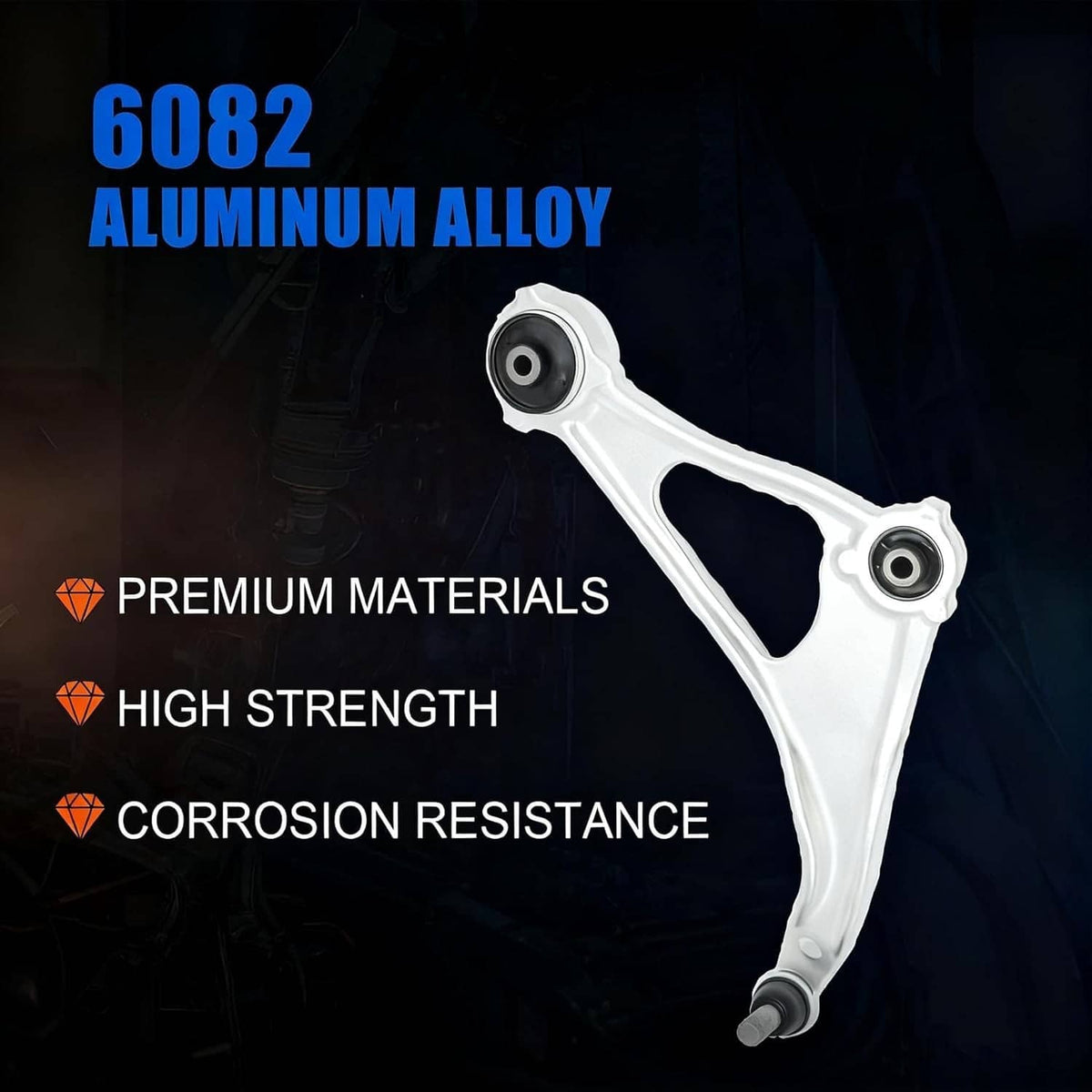 White front lower control arm with rubber bushings and ball-joint end studs