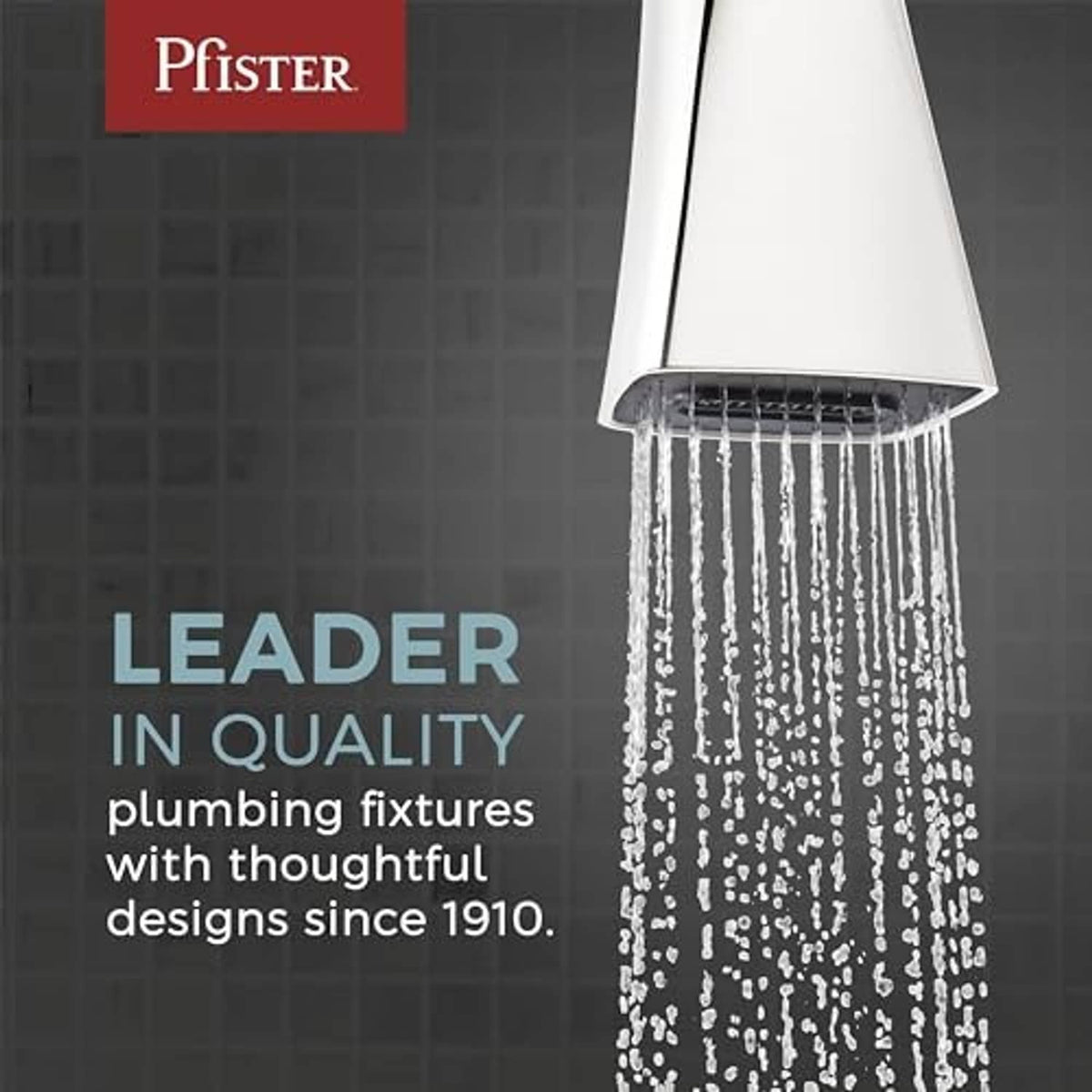 Pfister leader-in-quality promotional graphic with water stream