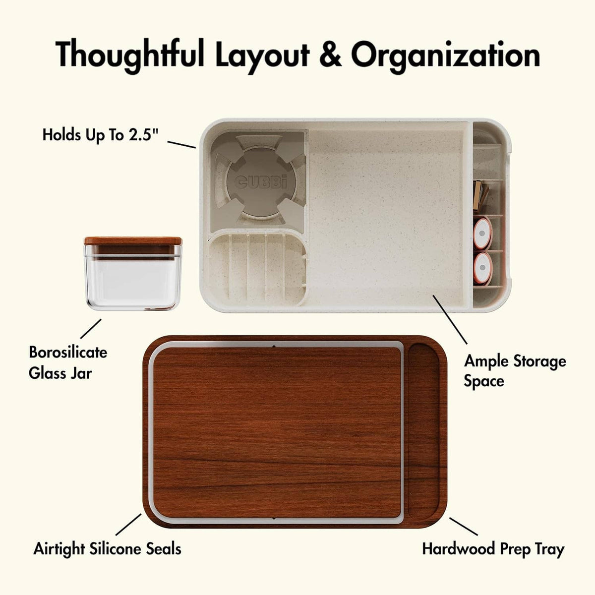 Airtight storage box interior with silicone-lined compartments, glass jar and hardwood prep tray.