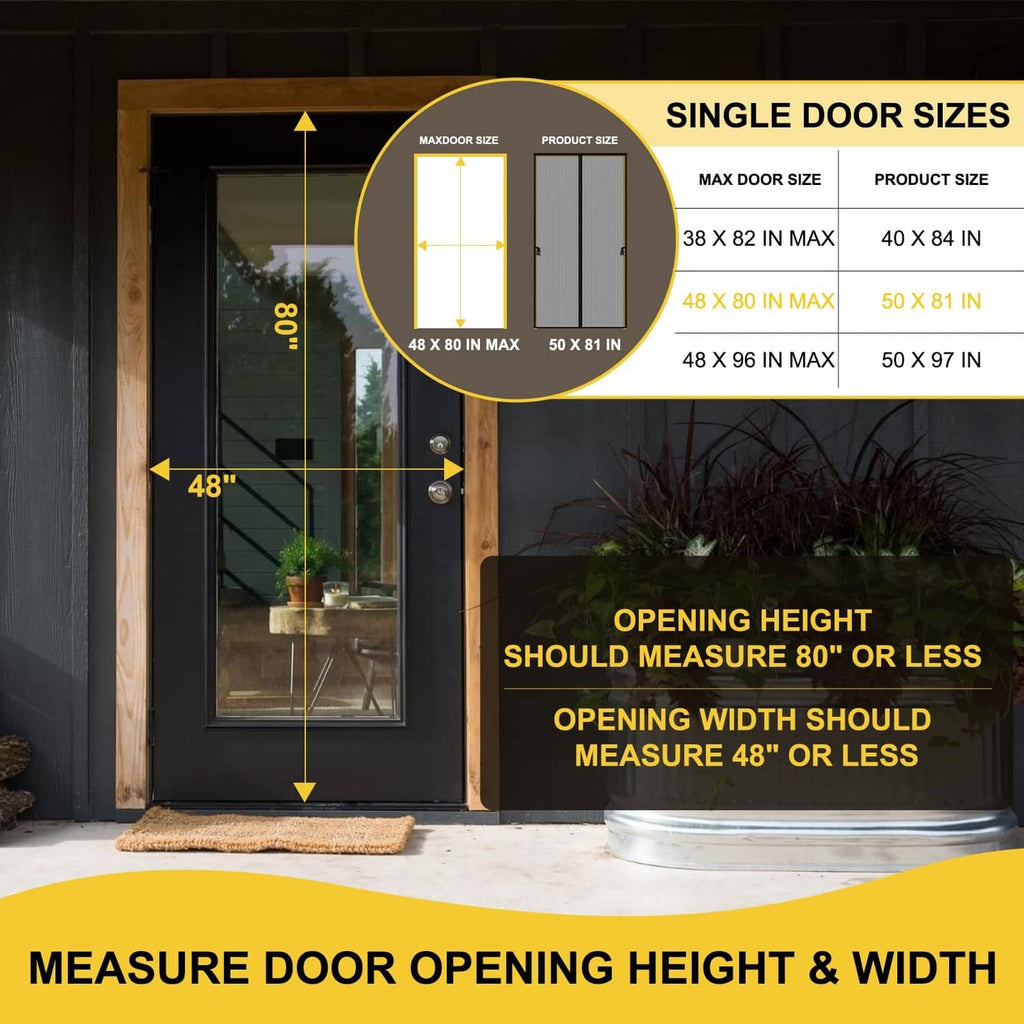 Black magnetic screen door with size measurement overlay