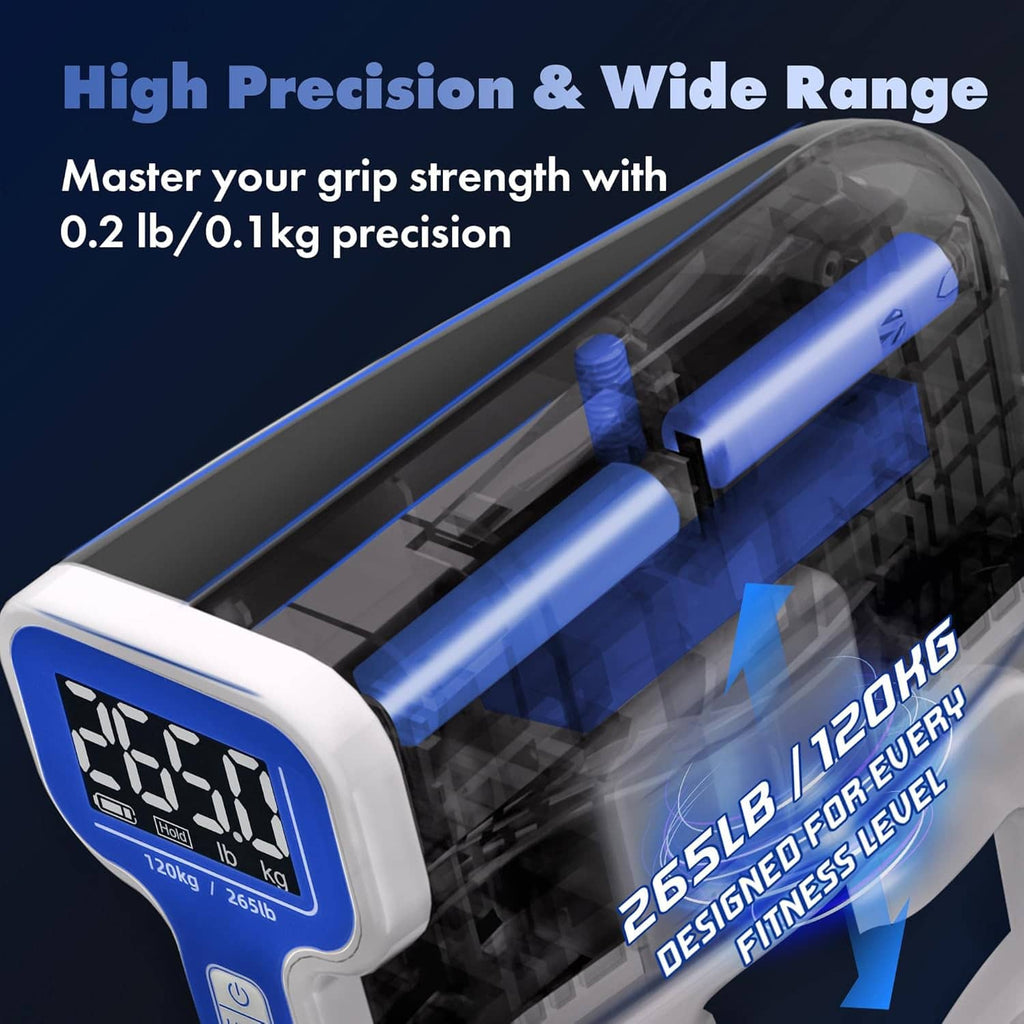 Digital grip strength tester angled view with backlit LCD and blue housing
