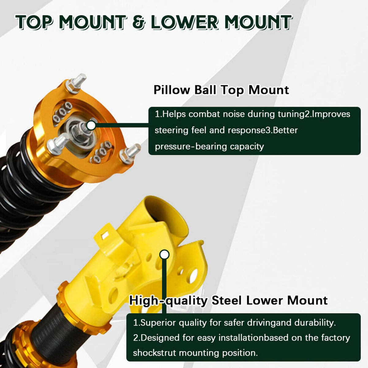 Coilover strut mounts: gold top plate and yellow steel lower mount bracket with bolts
