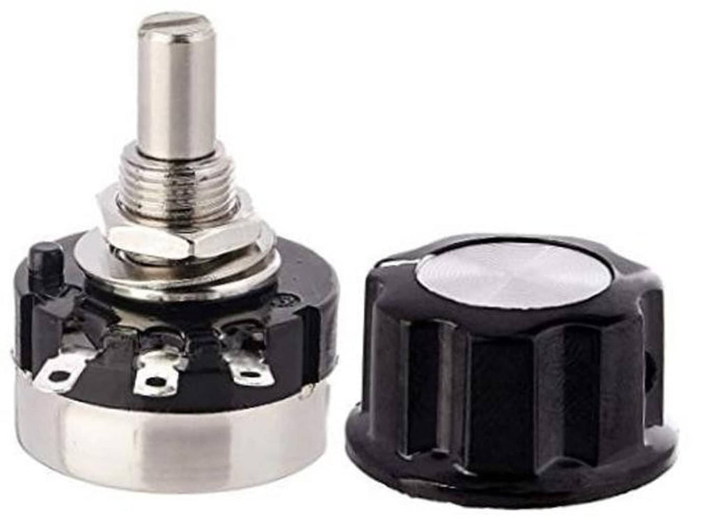 Black rotary carbon film potentiometer with metal threaded shaft and round base terminals