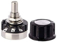 Black rotary carbon film potentiometer with metal threaded shaft and round base terminals