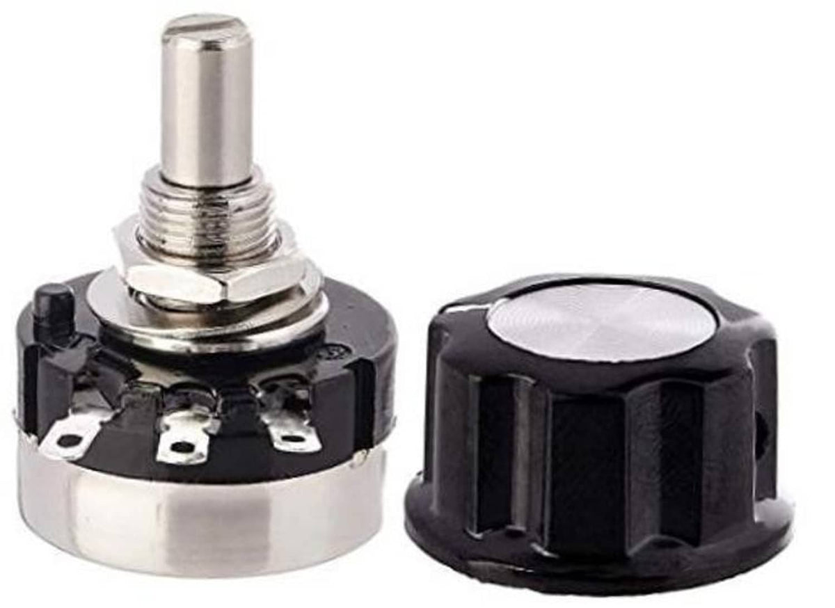 Black rotary carbon film potentiometer with metal threaded shaft and round base terminals