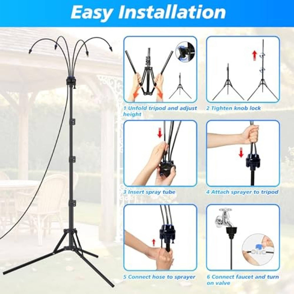 Easy-install misting stand diagram with height knob, spray tube insertion, and hose hookups