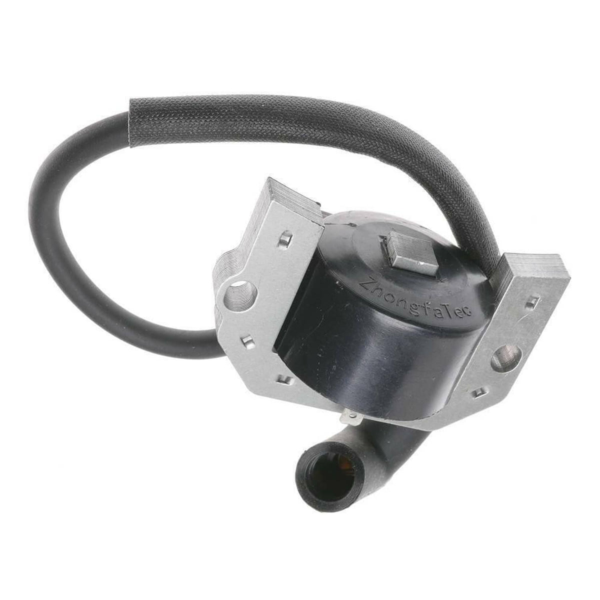 2-pack ignition coil module with black housing, gray metal bracket, and protective wire boot