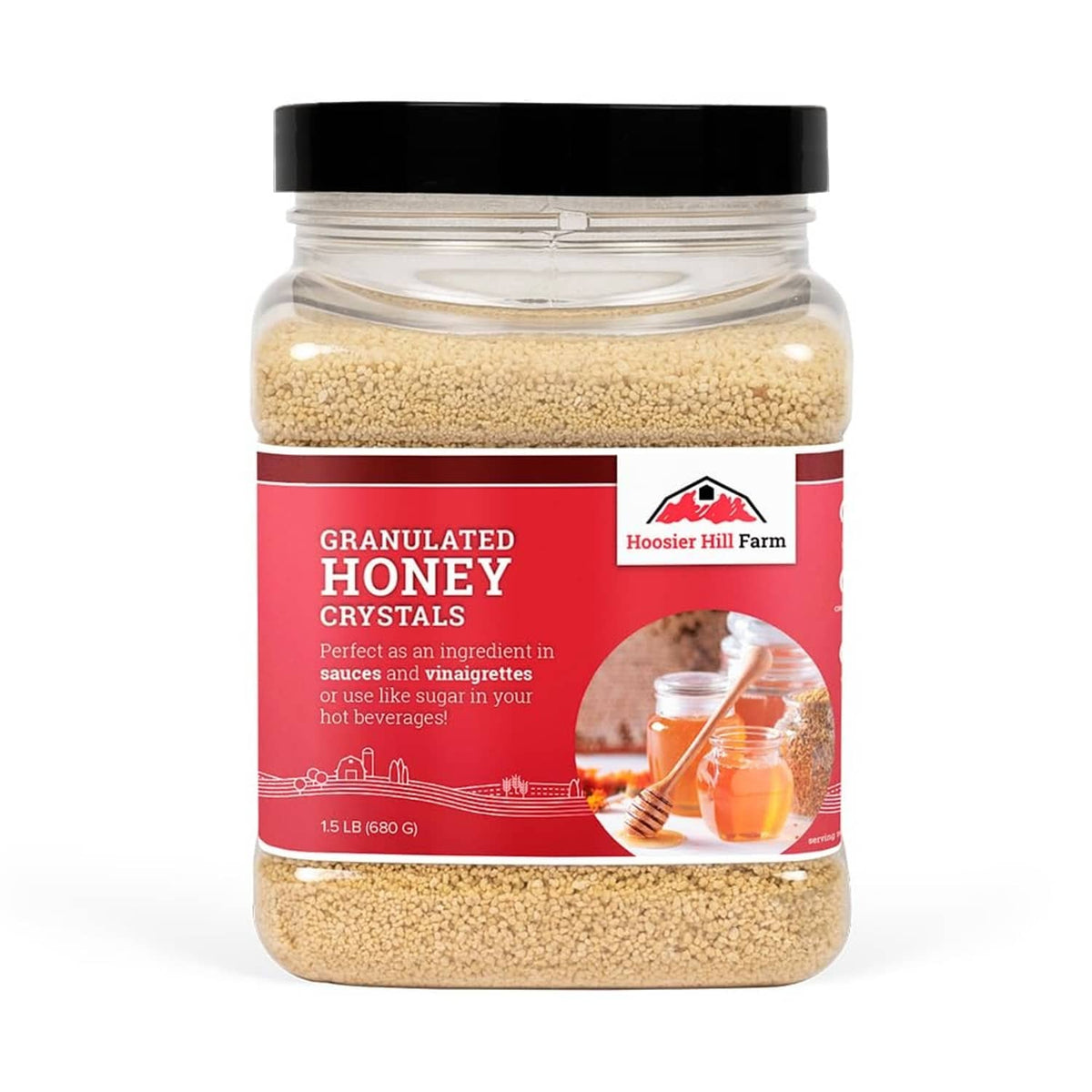 Granulated honey crystals jar with black lid and red label, light tan crystals
