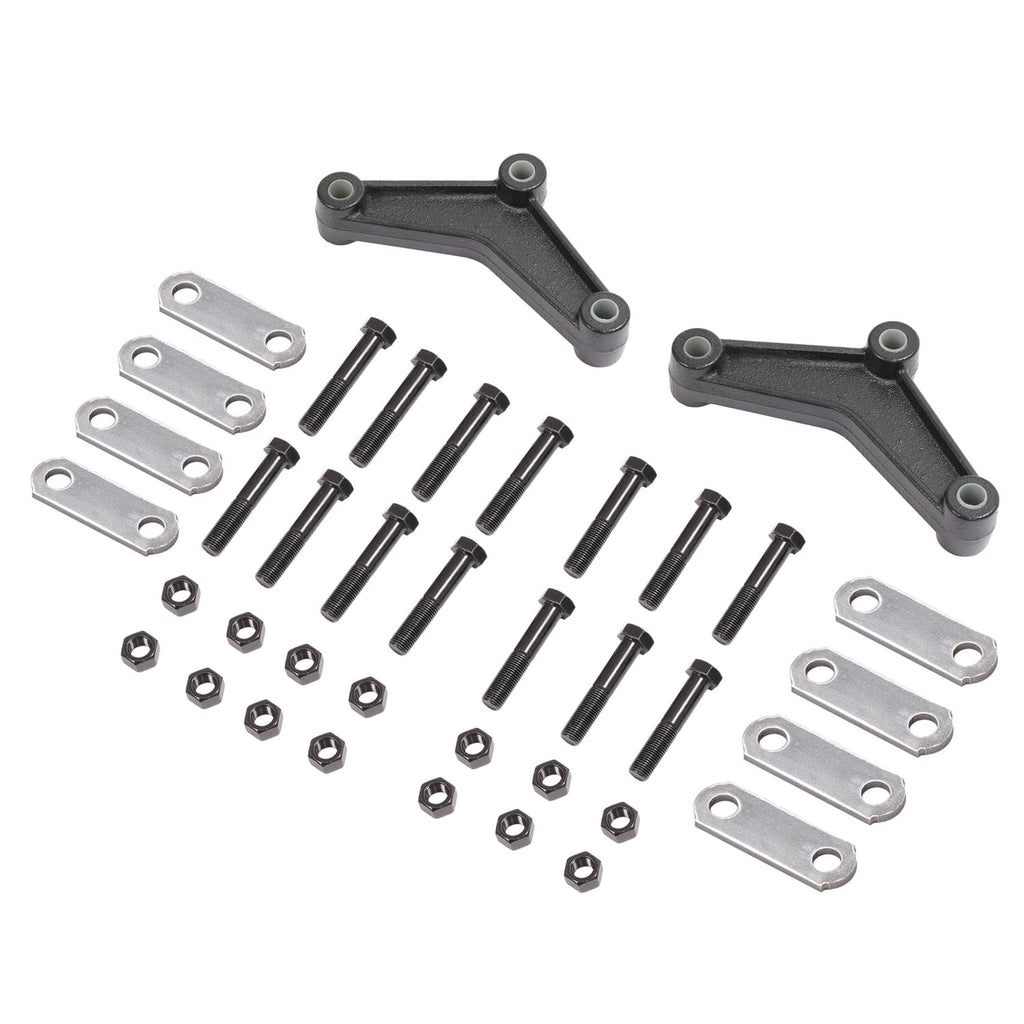 Trailer axle shackle kit parts set with black shackle arms, bolts, nuts, and plates