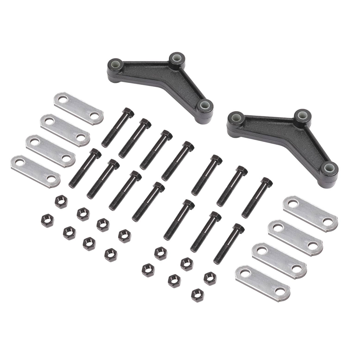 Trailer axle shackle kit parts set with black shackle arms, bolts, nuts, and plates