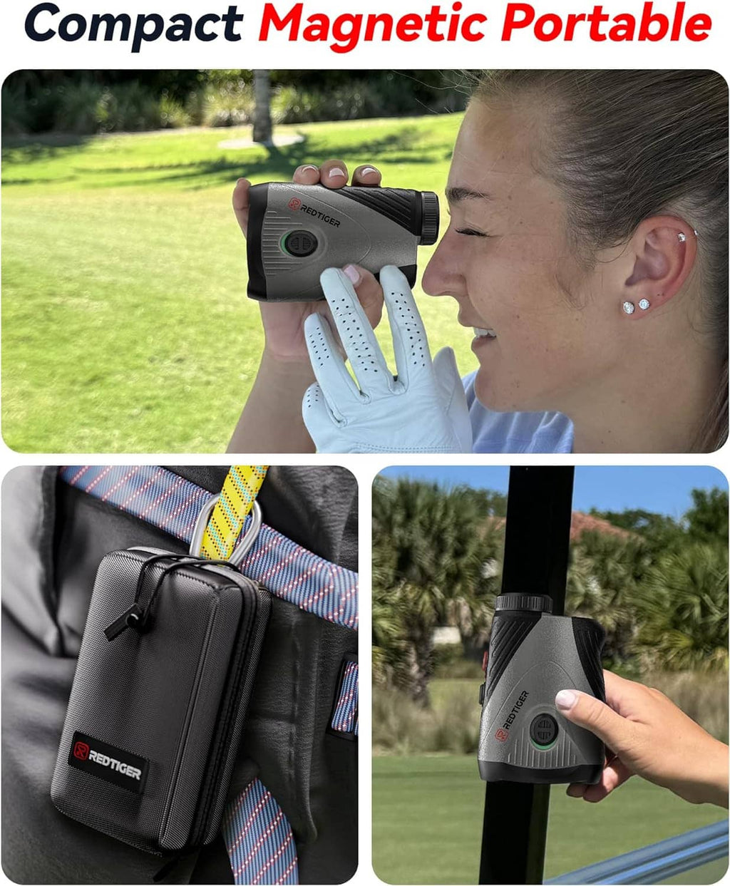 Compact black laser golf rangefinder in hand with detachable strap and small carry case