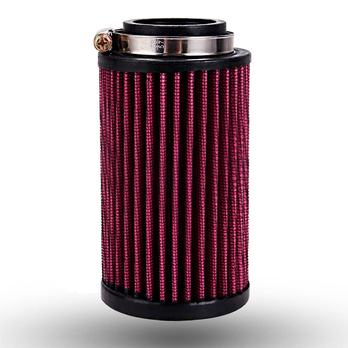 Red pleated air filter cartridge with metal top ring and black base