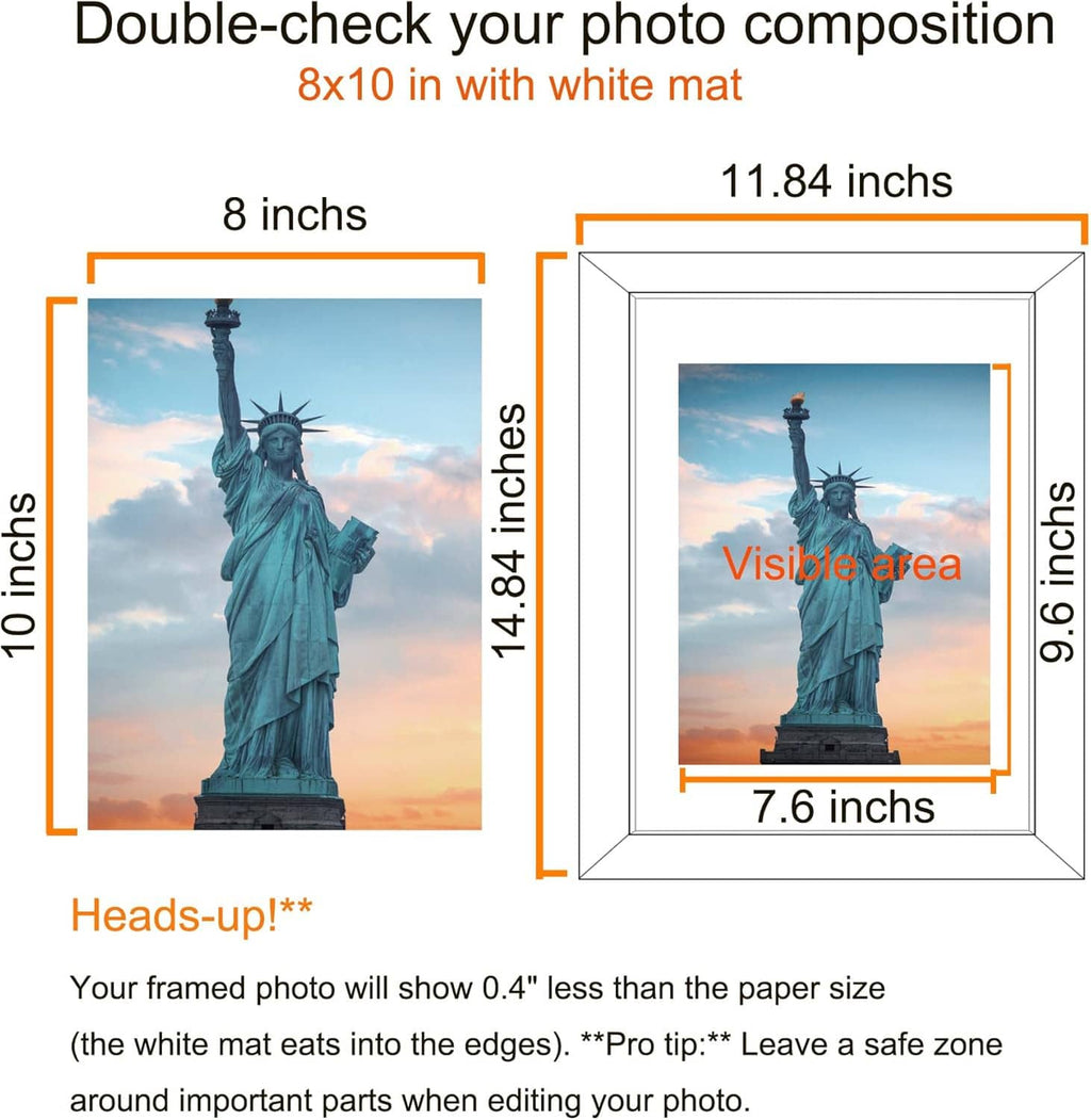 Size guide diagram for an 8x10 photo with white mat in an 11x14 frame.