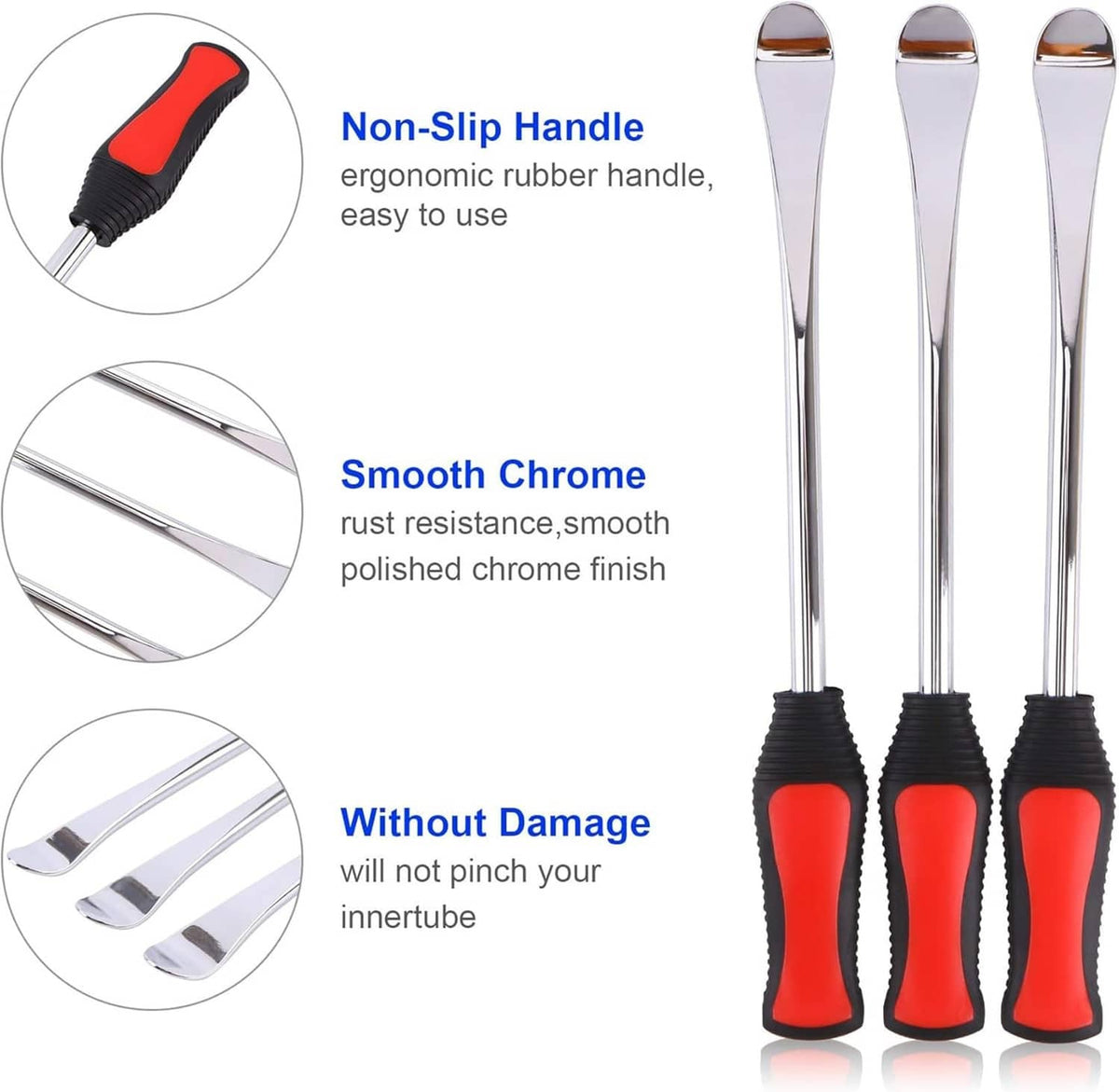 Chrome tire levers with non-slip red rubber handles and smooth polished tips